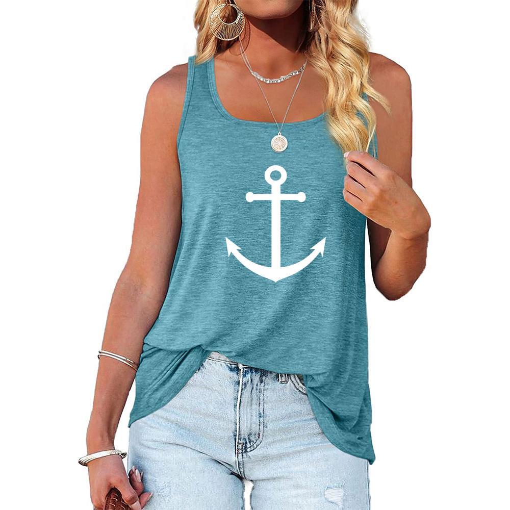 Женская повседневная майка с круглым воротником, летняя свободная майка с бретелью через шею, женская модная рубашка без рукавов с принтом якоря