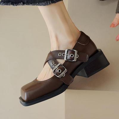 Krazing Pot, осенне-летняя обувь из натуральной кожи с квадратным носком, на среднем каблуке, женские туфли-лодочки Мэри Джейн с металлической пряжкой