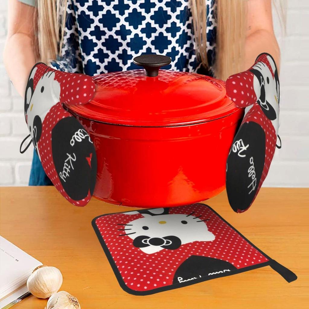 Hello Kitty Pot Stylish and Cute Oven Kitchen Can Be Used On Both Left and Right Set Heat-Resistant Holders/Oven Mitts, Mitts, Anti-Slip, Anti-Burn,