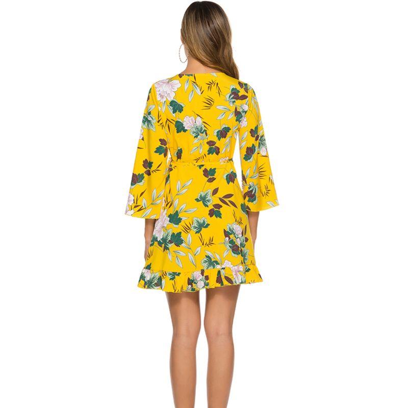 Europe and America Cross Border Spring and Summer Big Flower V Neck One Piece Shoelace Slim Fit Ruffled Horn 3/4 Sleeve Dress Dress