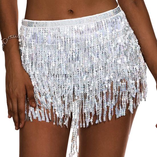 Женская юбка для танца живота с цепочкой, кисточками, пайетками, 3 слоя, на шнуровке, в стиле бохо, клубная одежда для выступлений, мини-юбка для латинских танцев, короткая юбка для тренировок, бедра