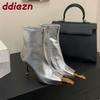 Fashion Silver Fashion Metal Pointed Toe Modern Ladies Ankle Boots With Heels Shoes Zippers Women Short Boots Female Pumps Shoes