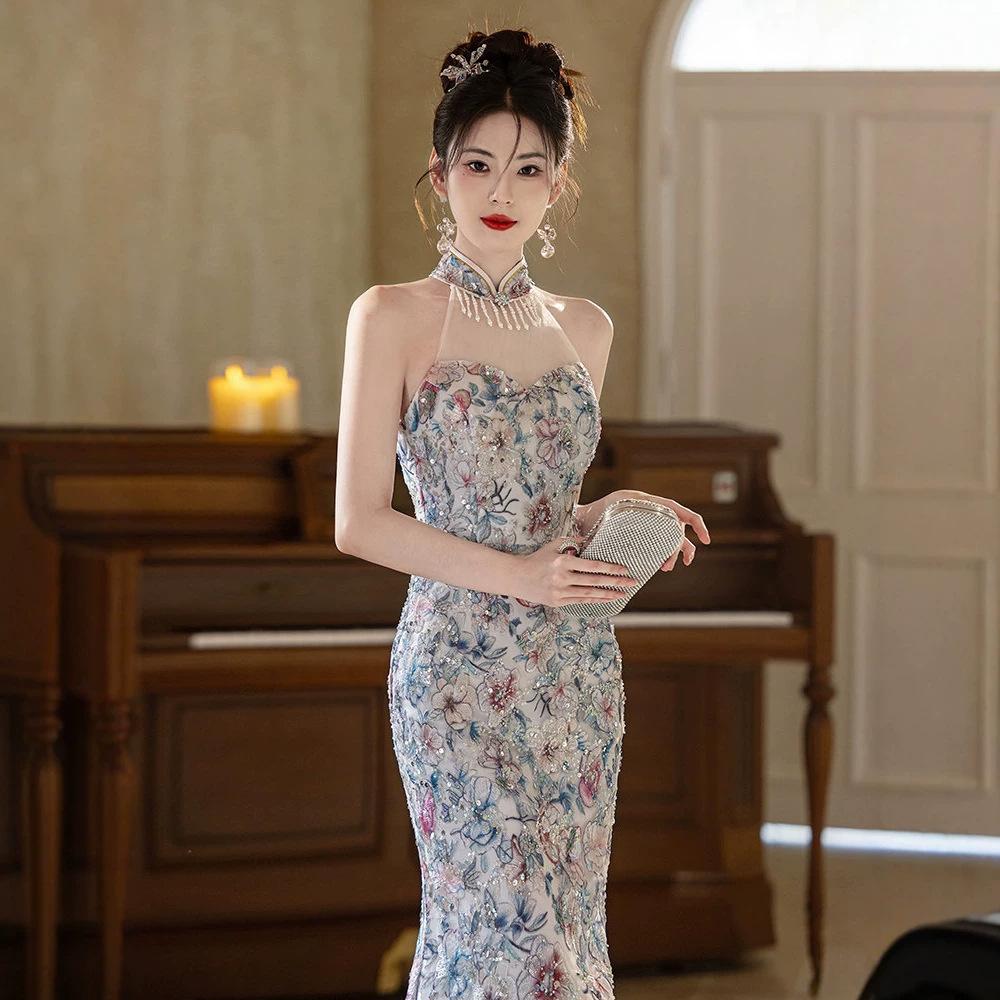 New Chinese cheongsam evening dress skirt sexy neck sequins high-end light luxury niche senior banquet adult dinner flash
