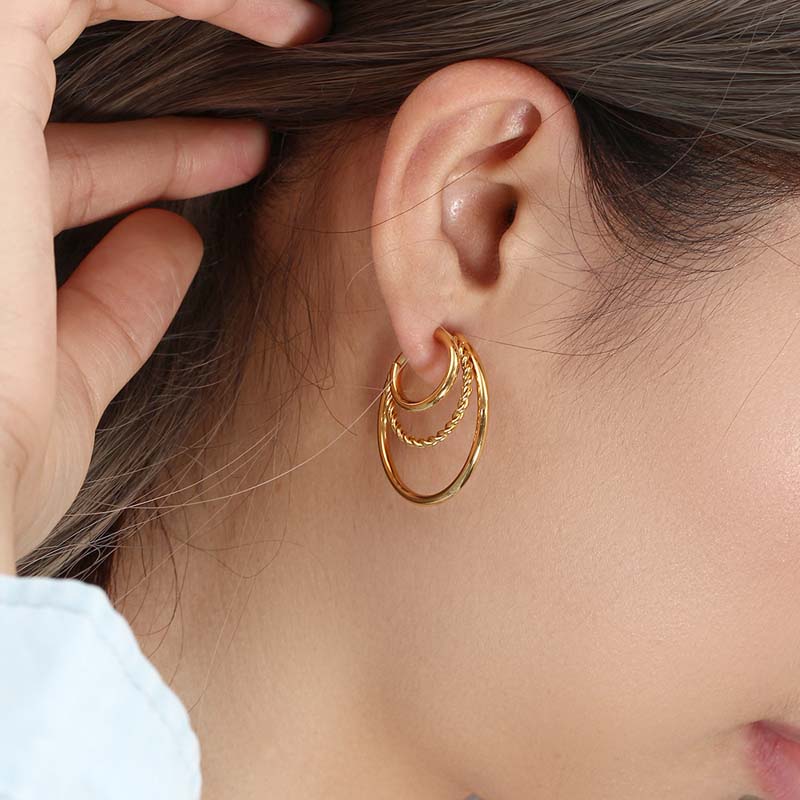 Stainless Steel Multilayer Round Bead Hoop Earrings For Women Men Vintage Gold Color Double Circle Smooth Earrings Zircon Gifts