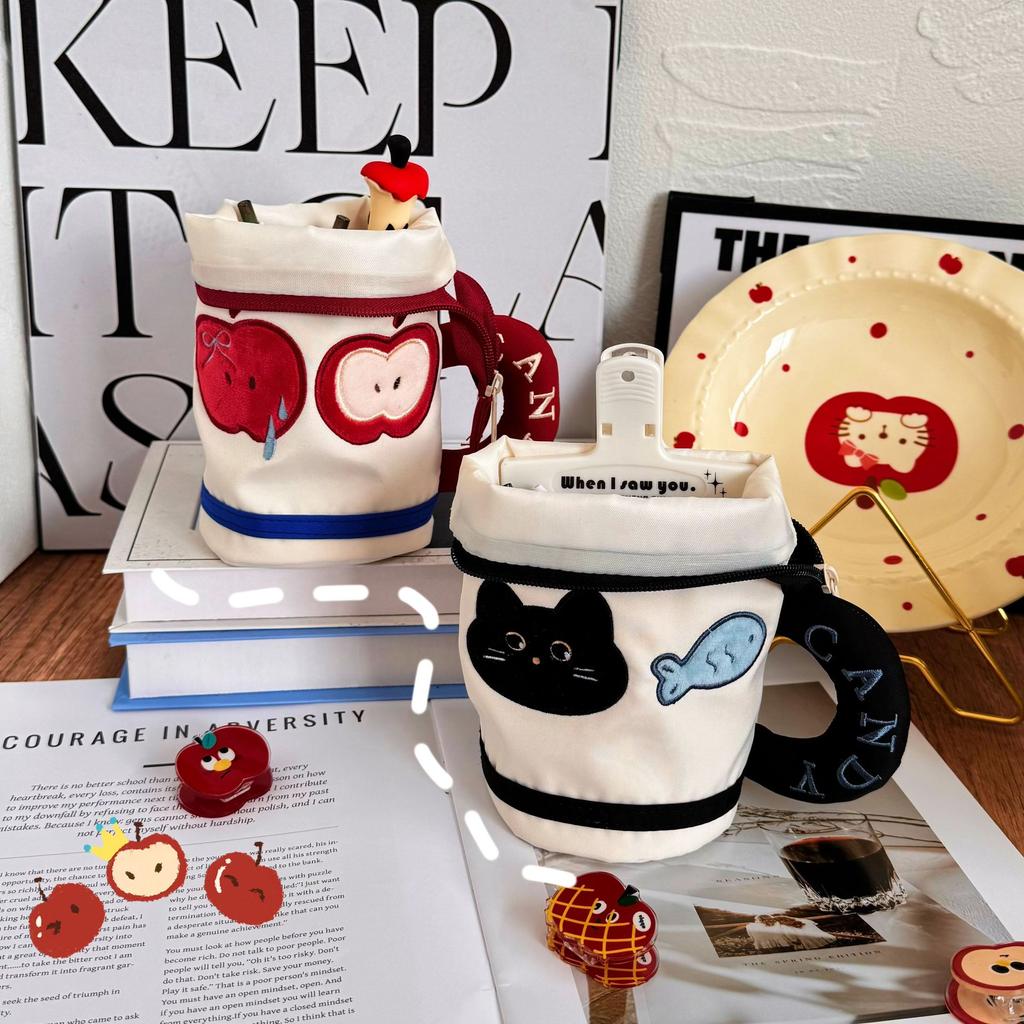 Apple Cute Pencil Bag Ins Contrasting Color Teacup High Value Student Stationery Large Capacity Storage Pen Holder Storage Bag