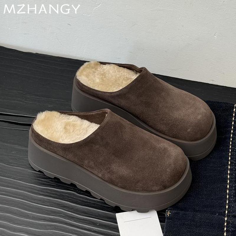 Women Suede Flats Cotton Slippers Platform Mules Shoes Woman 2025 Trend Fashion Winter Warm Casual Walking Snow Boots Flip Flops