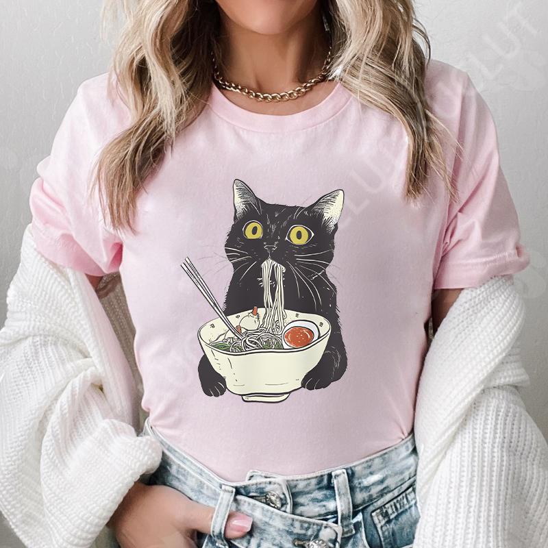 Noodle Cat Женские футболки Смешные Ramen Черная футболка с кошкой Женская одежда Обычные топы с коротким рукавом Женская мода Футболки с мультяшной графикой Женские
