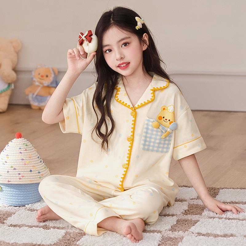 Girls Cartoon Cotton Pajama Set Short Sleeve Long Pants Sleepwear Kids 8 Years Comfortable Home Wear