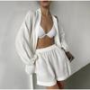 Elegant 2 Piece Sets Women's Shorts Outfit Lace Up Long Puff Sleeve Shirt New Casual Short Suit Summer Office Holiday Beach Wear