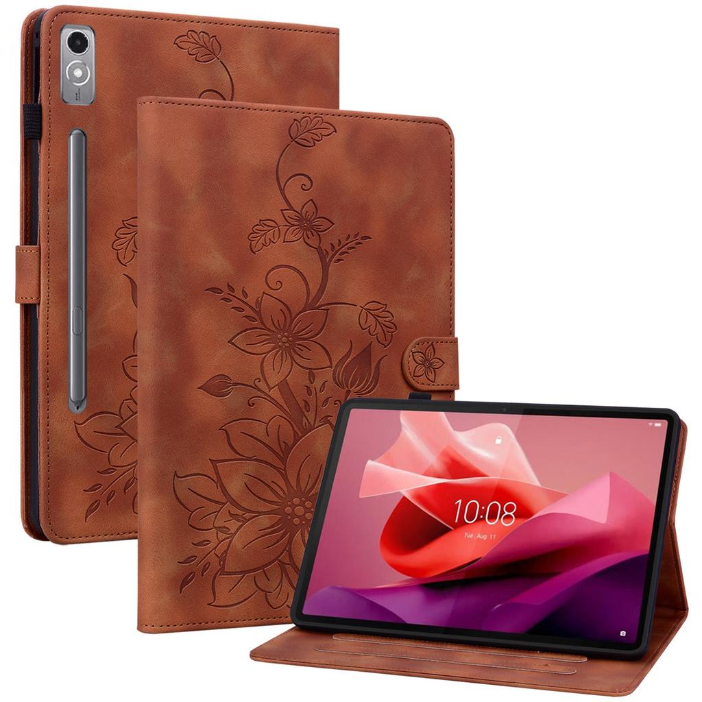 Для Lenovo Tab P12 Чехол Кожаный чехол для планшета с цветами лилии, отделениями для карт, подставкой