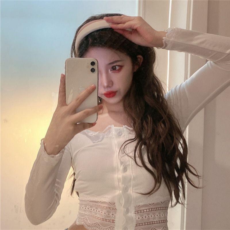 WTEMPO Женская короткая кружевная футболка с квадратным вырезом, модная рубашка с внутренним низом, облегающий топ с длинными рукавами