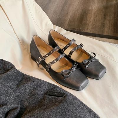 Версия из овчины~ Туфли Мэри Джейн на плоской подошве с квадратным носком, бантом и двойной пряжкой, женские кожаные туфли-лодочки