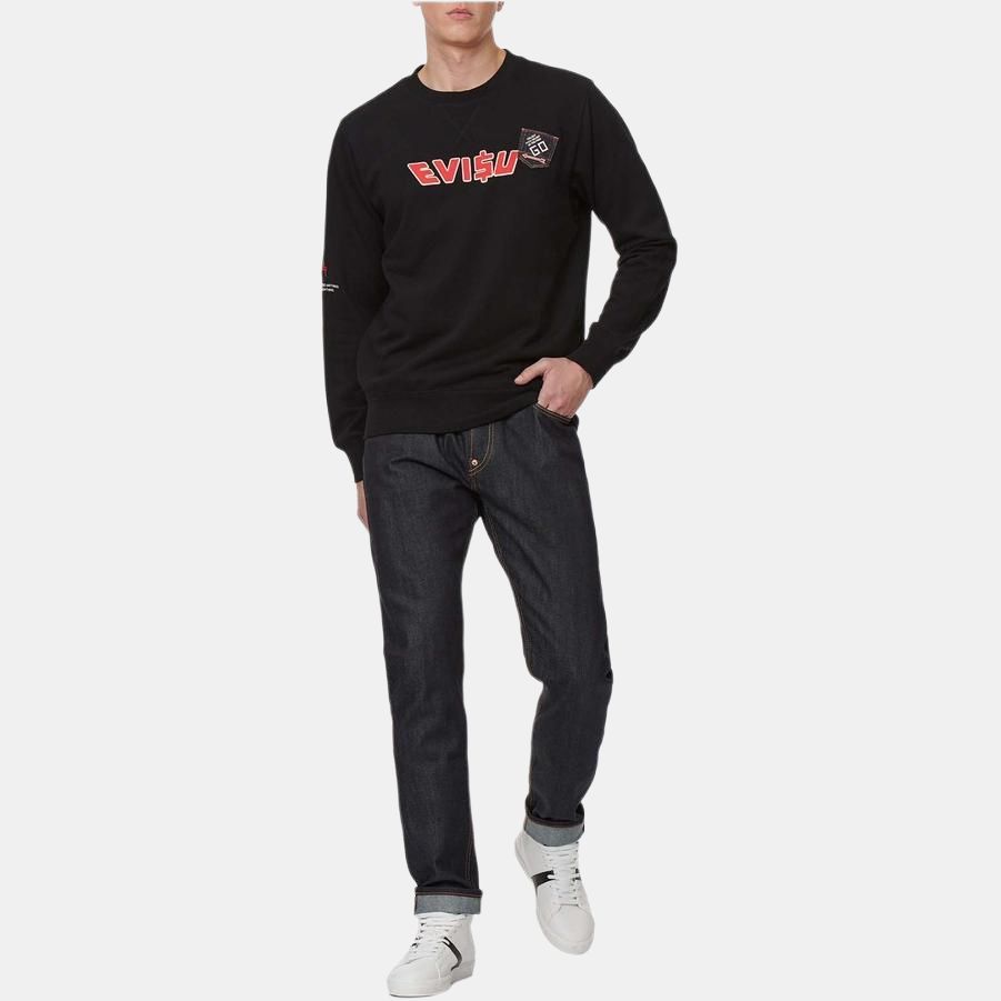 Evisu Свитшот с принтом в виде мультяшного узора и логотипа, круглый вырез, унисекс, черный, 2ESMOM2SW450XXCT