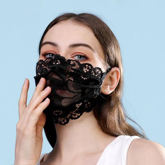 Черная кружевная защита для лица с цветочным принтом, регулируемая веревка для ушей, дышащая, одинарная, двухслойная, для езды на велосипеде, бега, летняя женская защита для лица