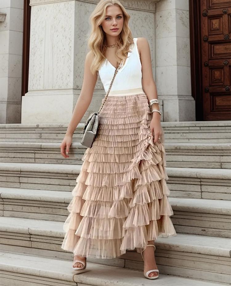 Однотонная многослойная сетчатая юбка с оборками, женская длинная юбка из тюля с высокой талией в стиле бохо, женская одежда для вечеринок на весну и лето