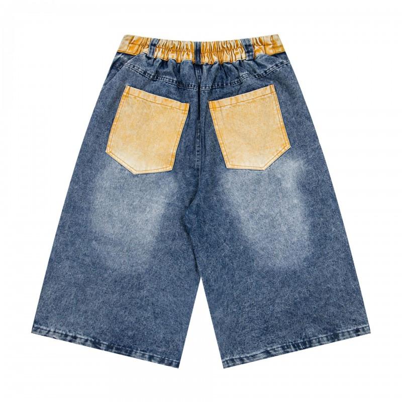 American Vintage Washed Cartoon Pineapple Cat Embroidered Jeans Loose Straight Cropped Pants Men Women