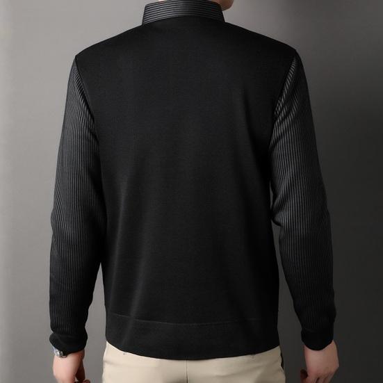 Мужской свитер, имитация двухсекционной рубашки и свитера, формальный деловой стиль, отложной воротник, длинные рукава, полосатый офисный топ на осень и весну