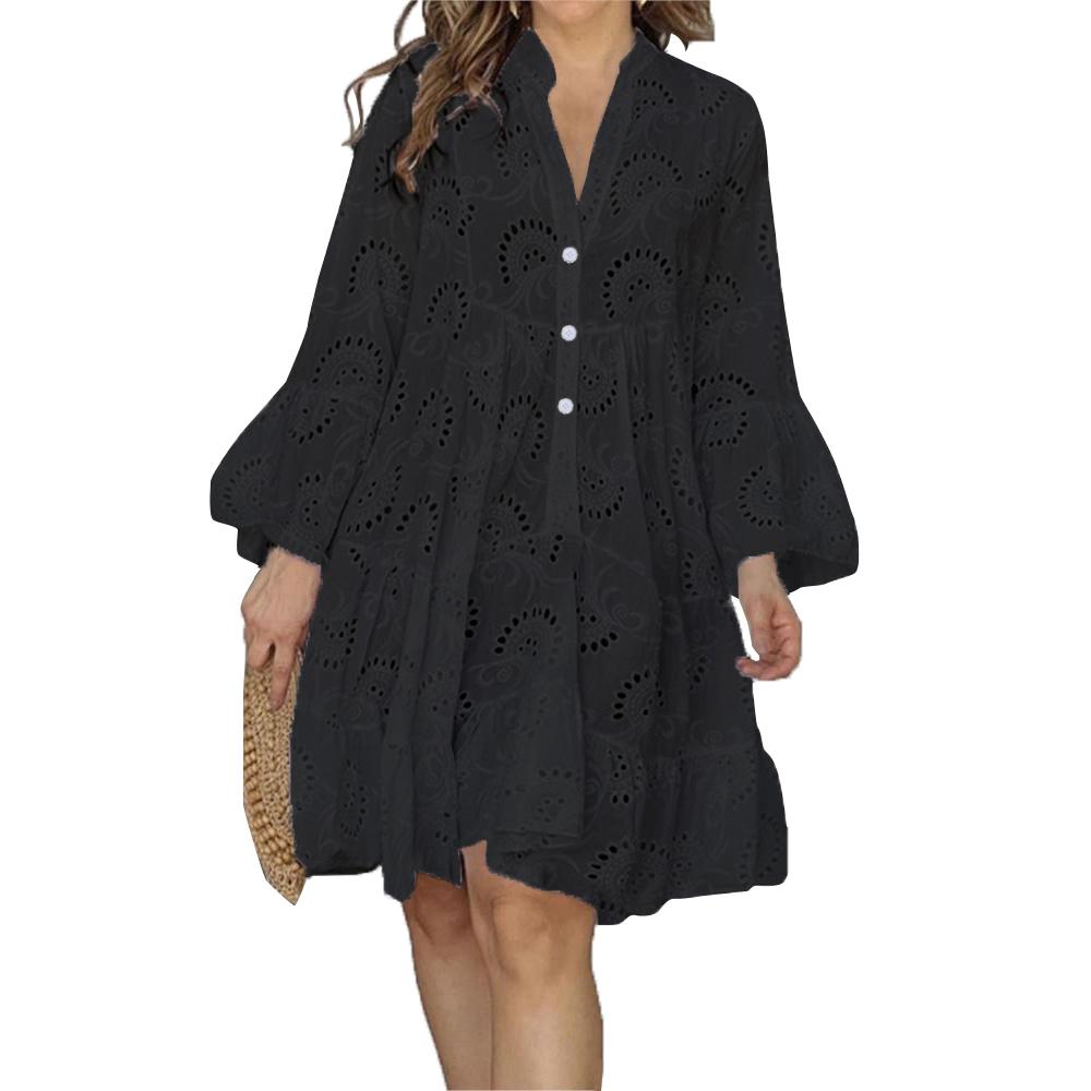 Women Hollow Out Elegant Vintage Lace Shirt Dress,Loose Casual Flare Cocktail Dress For Women