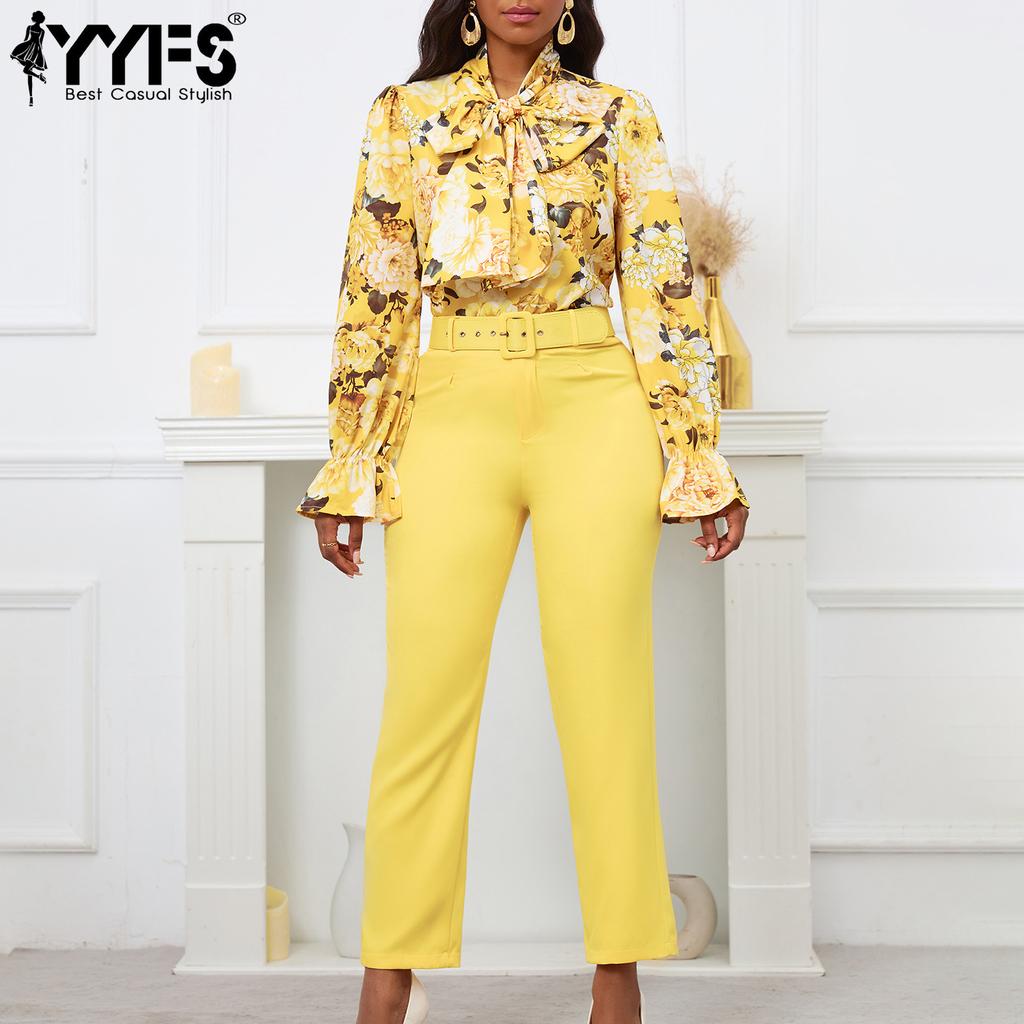 YYFS Women's Fashion Casual Spring Fall Flower Pattern Print Long Sleeve Blouses & Shirts Trousers Pants Suits