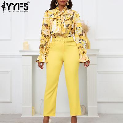 Женская мода повседневная весна осень цветочный узор принт длинные рукава блузки и рубашки брюки костюмы