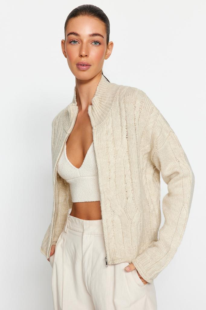 Women's Fashion New Cardigan Stone Soft Textured Zipper Hair Braided Knitwear Cardigan