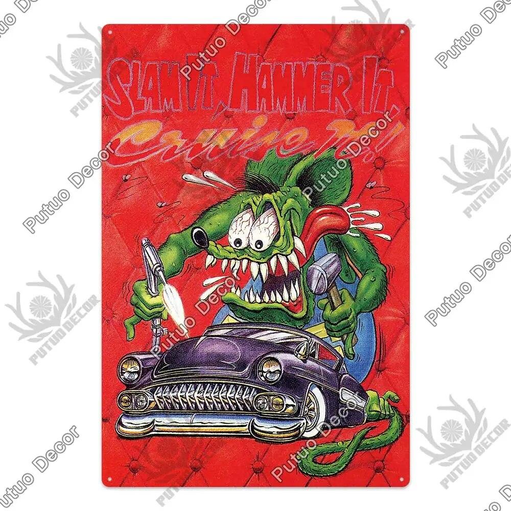 Декор Putuo Rat Fink, модифицированная автомобильная культура, винтажная металлическая жестяная вывеска, декоративная тарелка для гаража, мужская пещера, бар, паб, клуб, украшение