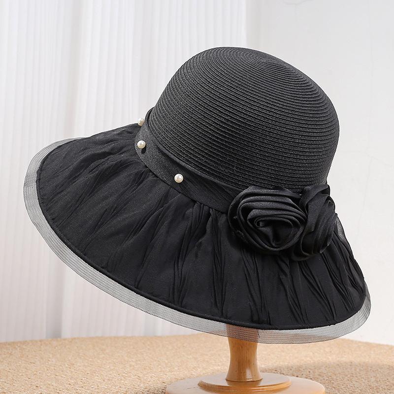 Hepburn style straw hat women's summer pearl flower decoration big brim sun hat elegant temperament top hat beach sun hat