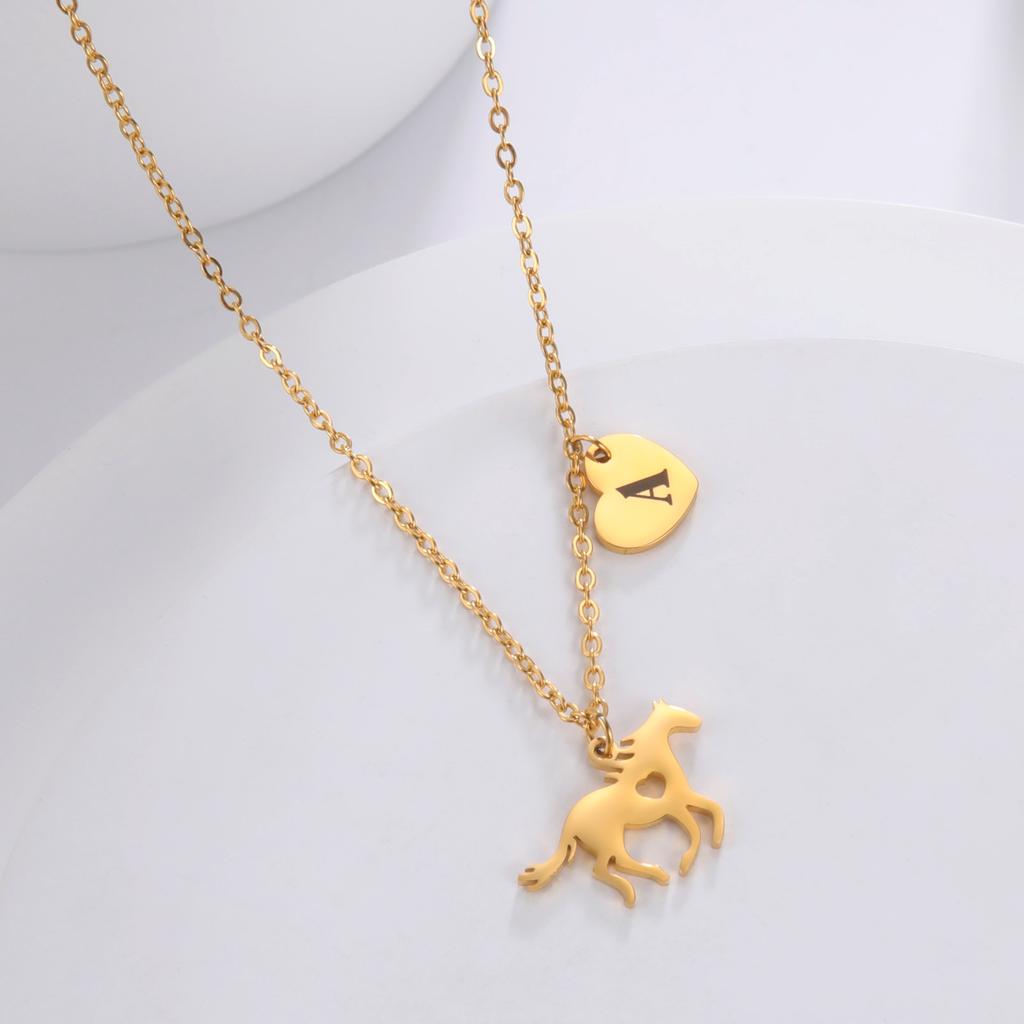 Stainless steel A-Z letter necklace animal horse initials heart-shaped pendant necklace party jewelry