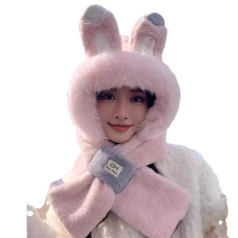 Bunny Ears Hat and Scarf All In One Hat for Women Winter Plush New Style Scarf Furry Two Piece Suit