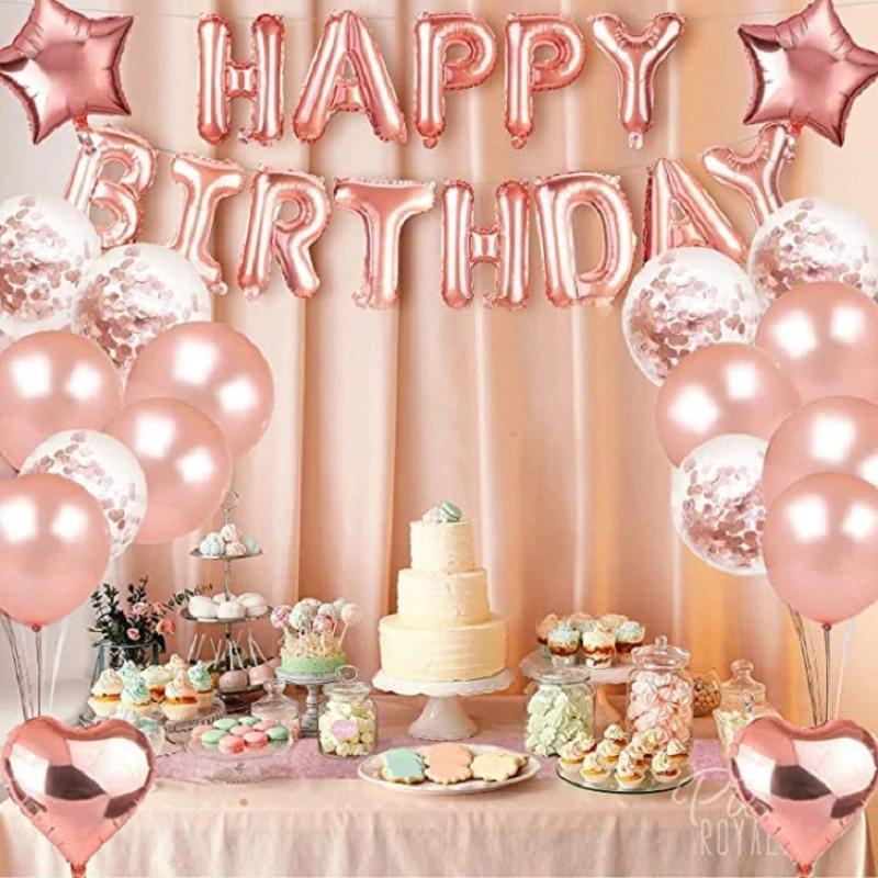 26 PCS Rose Gold Happy Birthday Letter Balloon Set with Rain Confetti Birthday Party Decoration Supplies Celebration Decorations