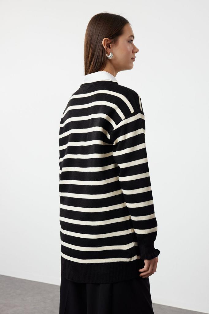 Women's Fashionable Stylish Hijab Cardigan Black Stone Knitwear Striped Cardigan