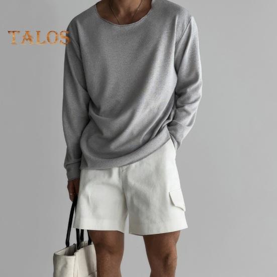 Весна Осень Мужской Топ Круглый вырез Длинные рукава Тонкий Ажурный Однотонный Свободный Пуловер Средней Длины Хип-Хоп Уличная Толстовка