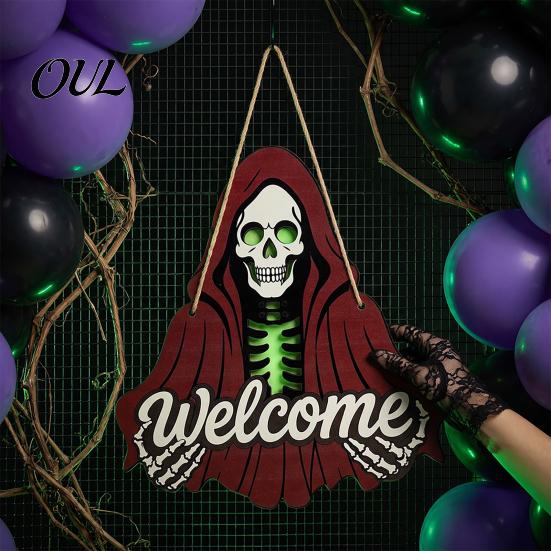 Halloween Home Accents Skeleton Welcome Sign, Spooky Wooden Grim Reaper Shaped Front Door Decoration Hanger, Horror Wall Hanging Plaque for