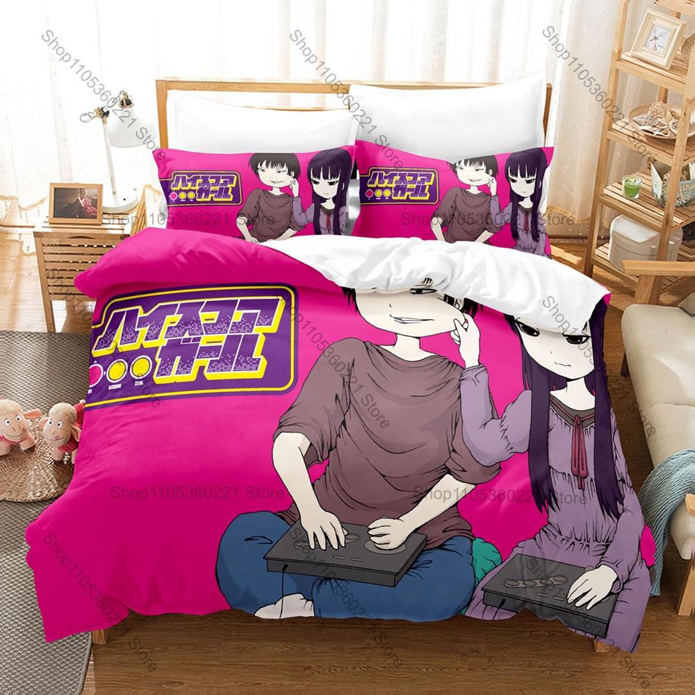 Hi Score Girl Bedding Set Duvet Cover + 2 Pillowcases Retro Arcade Game Haruo Akira 90s Nostalgic Anime Soft Pastel Bedroom