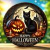Vintage Halloween  Wreath Sign - "Happy Halloween" with Black Cat & Pumpkin Design,Indoor/Outdoor Fall Decor , Porch & Wall Art