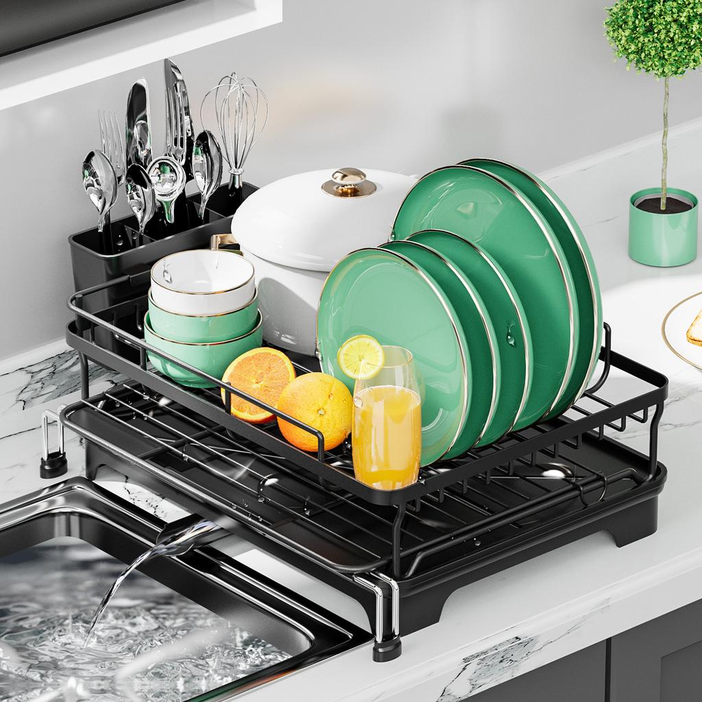 1 шт. Расширяемая сушилка для посуды, одноуровневая сушилка для посуды на столешницу с поддоном для сушки и держателем для посуды, для кухонных столешниц, кухонный органайзер