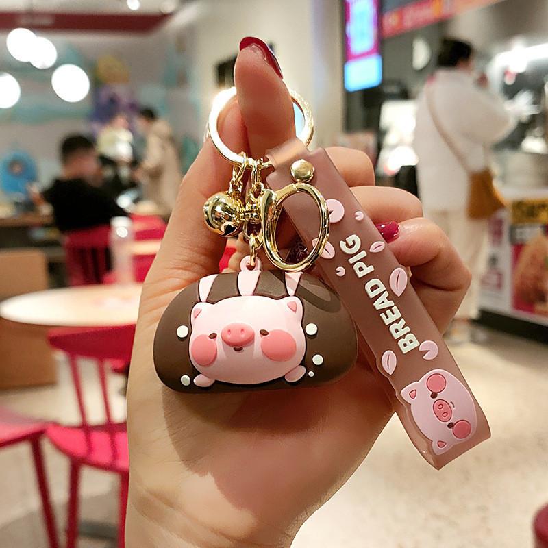 Adorable Cartoon Bread Pig Keychain Creative Soft Silicone Bag Charm For Car Keys
