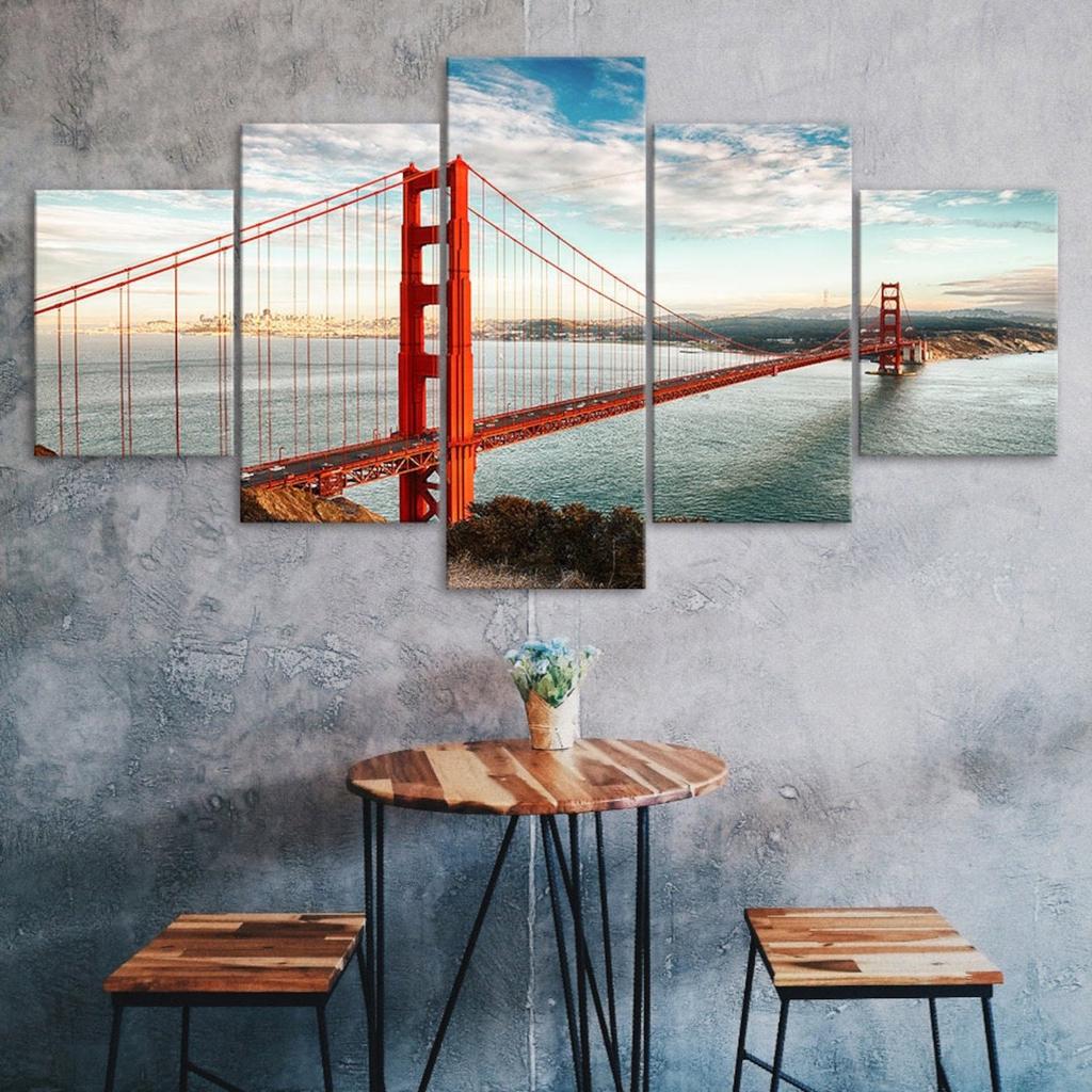 Golden Gate Bridge Landscape 5 Piece Five Panel Wall Canvas Print Modern Art Poster Picture Home Decor Gift For Him For Her