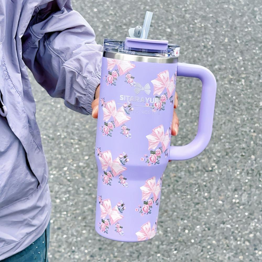 Кружка с трубочкой 40 унций из нержавеющей стали 304, автомобильная кружка для льда, кружка-термос с бантом