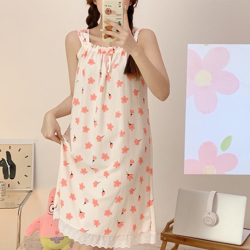 Женская летняя ночная рубашка из хлопка с пузырьками и подтяжками на груди — легкая, стильная домашняя одежда для дома и улицы