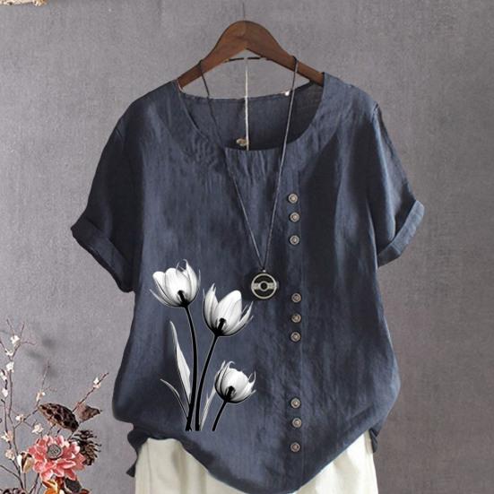 Женская летняя футболка с короткими рукавами и круглым вырезом, пуловер с пуговицами, декор с цветочным принтом, винтажный стиль, женский топ