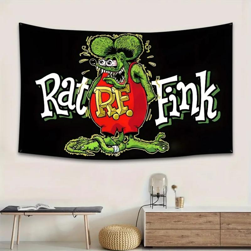 VIKAMA Retro Hot Rod Garage Decoration With Mouse Fink Character MenS Cave Party Car Event Banner Wall Tapestryodern Decoration