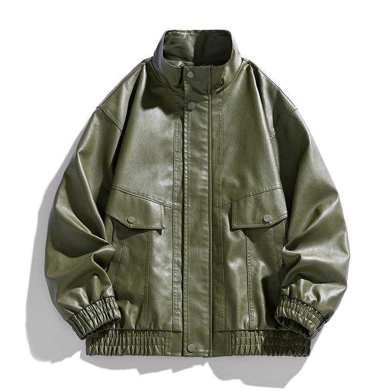 New Fattened Plus Size Leather Jacket Men's PU Leather Tooling Large Size Leather Jacket Men's Stand-Up Collar Locomotive Douyin Cross