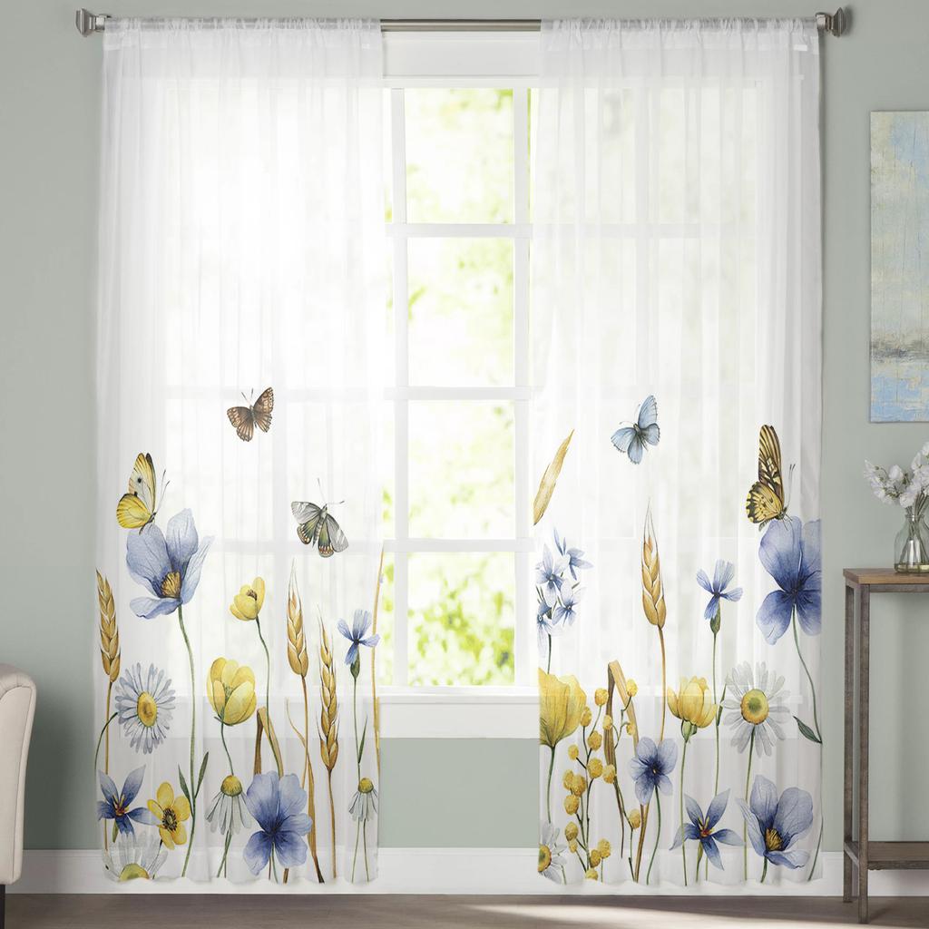 Цветочные бабочки, пшеничные ушки, оконные шторы для гостиной, спальни, кухни, шифоновые, прозрачные оконные занавески