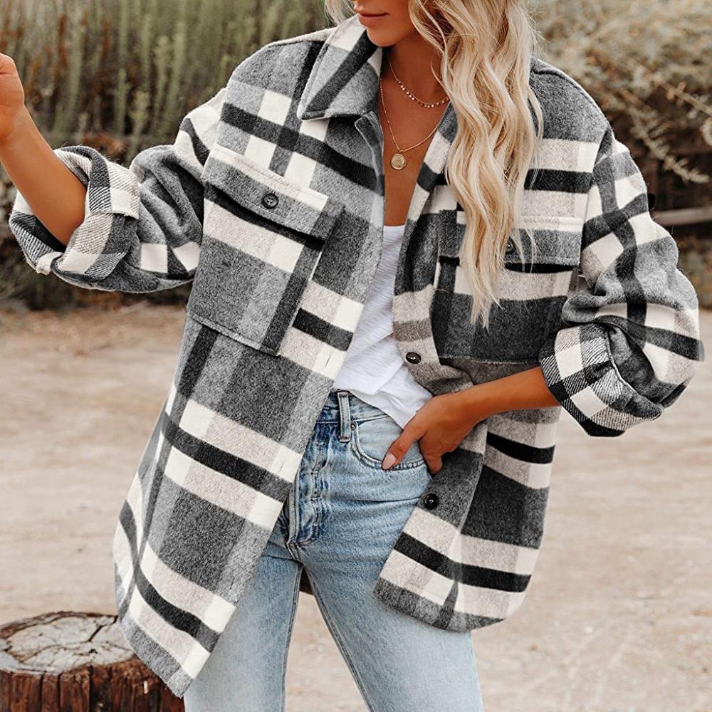 Autumn and Winter Women's Shirt Jacket Plaid Button Flannel Tweed Shirt Jacket Tops