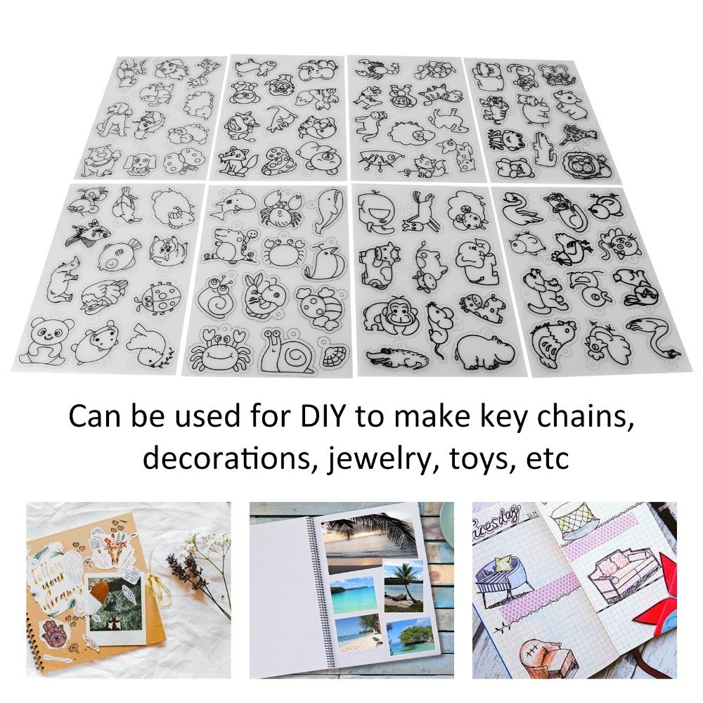 8 PCS Cute Animal Heat Shrink Sheets White Different Patterns Shrink Plastic Sheets Colorable Shrinky Art Paper Creative Craft