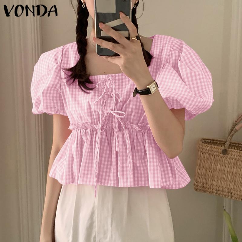 VONDA Женские летние блузки с квадратным вырезом и короткими рукавами в клетку