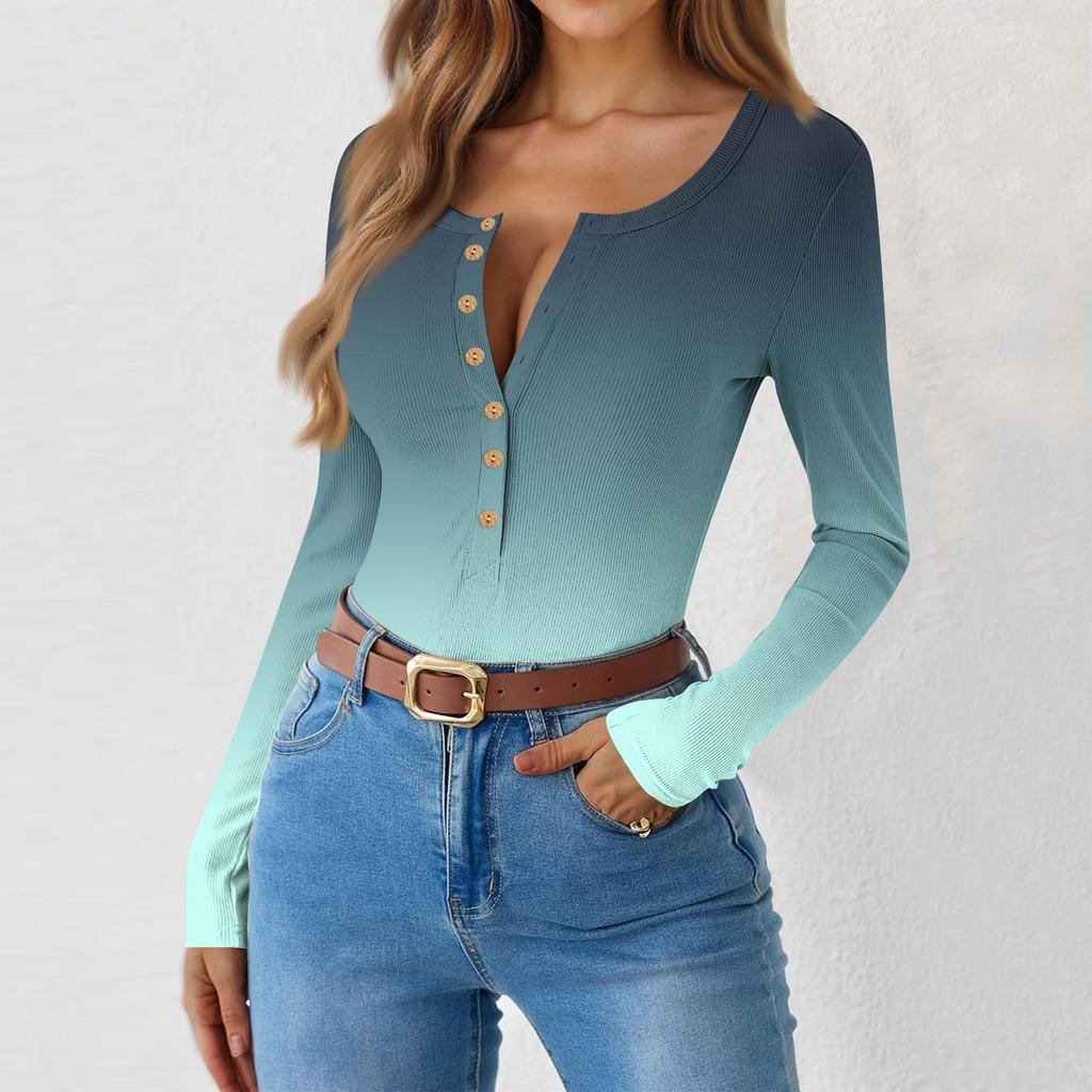 Женская и зимняя футболка с тонким низом, модная повседневная футболка с градиентным принтом и круглым вырезом, пуловер с длинным рукавом