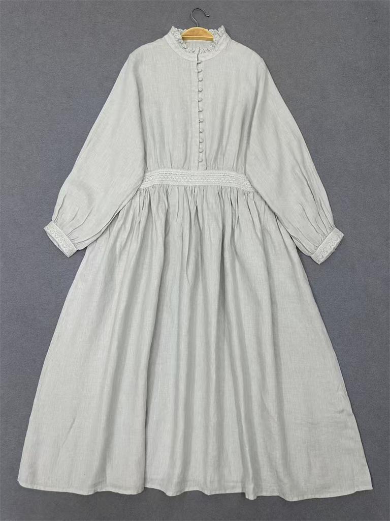 Johnature Весеннее платье с длинным рукавом, японский воротник-стойка, отделка «деревянное ушко», однотонное, винтажное, свободного кроя, женское