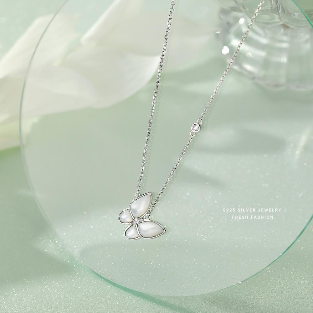 S925 Sterling Silver Butterfly Necklace with Mother-of-Pearl & Diamonds - Elegant French Style for Women, Xiaohongshu Recommended Trend.